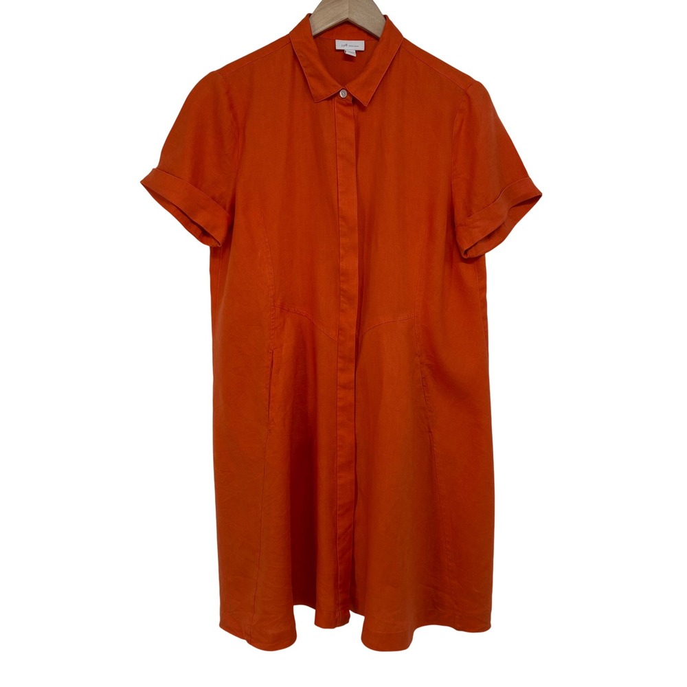 J. Jill Love Linen Orange Short Sleeve Button Front Shirt Dress Petite Medium